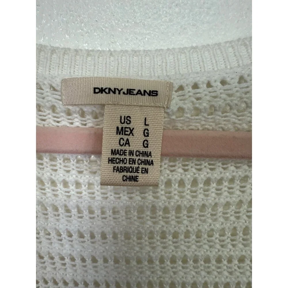 DKNY Women’s Large Cardigan Sweater White Ivory Knit Crochet 3/4 Sleeve cotton